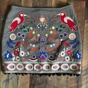 Altar’d State olive green linen floral embroidered mini skirt Size S Pom Pom